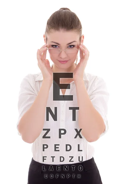 Aantrekkelijke zakenvrouw in glazen en oog testkaart geïsoleerd — Stockfoto