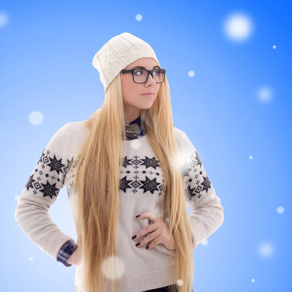 Young woman with long hair in warm winter clothes over christmas — Stock Photo, Image