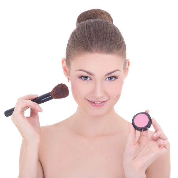Portret van jonge mooie vrouw met make-up borstel en rouge o — Stockfoto