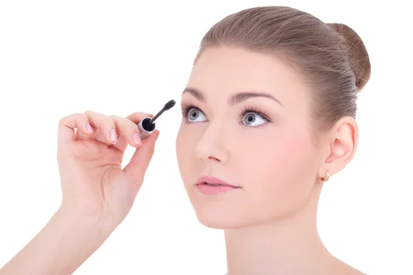 Portrait of young beautiful woman applying mascara on eyelashes — Stock Photo, Image
