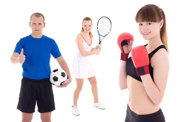 Sport concept - soccer player, female tennis player and woman in — Stock Photo, Image