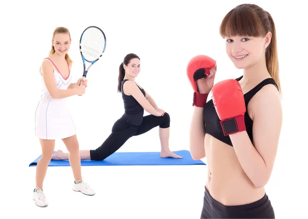 Concepto de deporte - jugador del tenis femenino, boxeadora y mujer doi —  Fotos de Stock