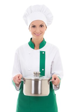 beyaz izole tencere tutan Şef üniformalı genç kadın