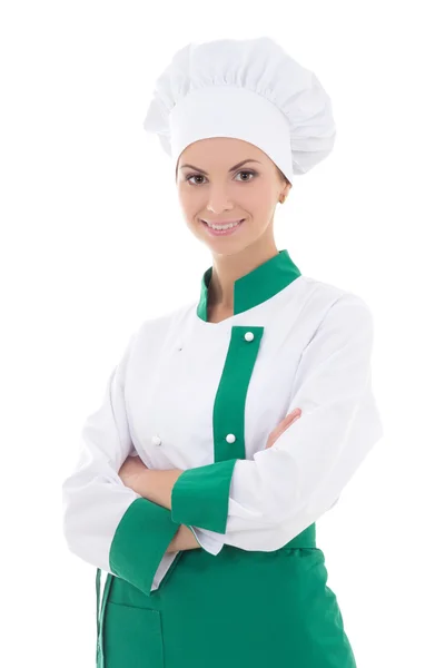 Mulher jovem chef feliz em uniforme isolado no branco — Fotografia de Stock