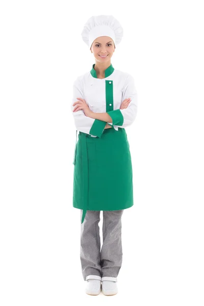 Щаслива жінка в кулінарній формі повна довжина ізольована на білому — стокове фото