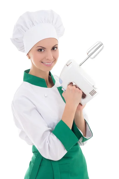 Young attractive chef woman with mixer isolated on white — Stock Photo, Image