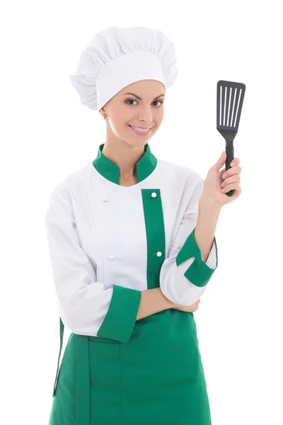 Mujer joven en uniforme del cocinero verde aislada en blanco —  Fotos de Stock