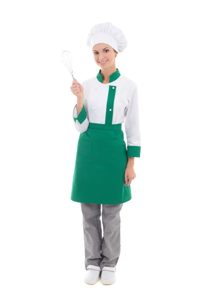 Gelukkige vrouw in chef-kok uniform met corolla - volledige lengte geïsoleerd — Stockfoto
