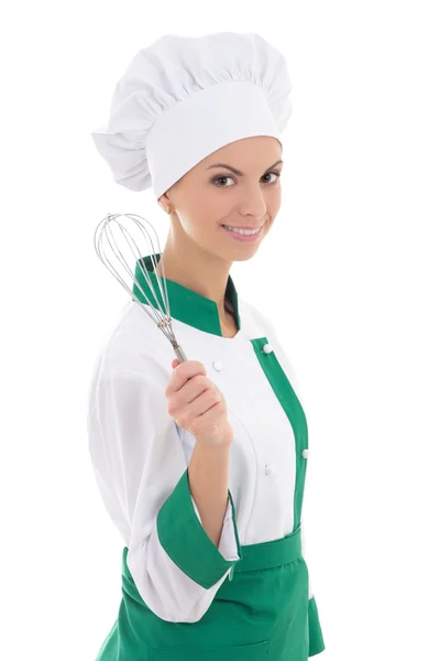 Young happy woman in chef uniform with corolla isolated on white — Stock Photo, Image