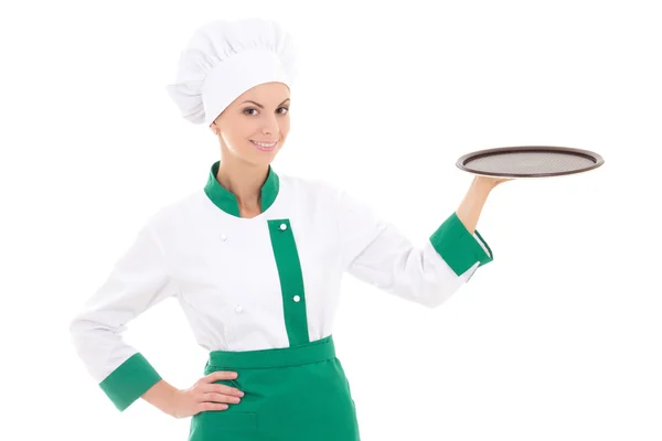 Young chef woman in uniform holding big  empty tray isolated on — Stock Photo, Image