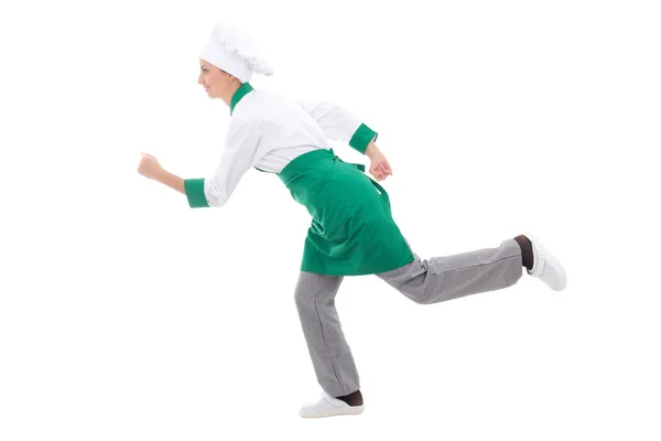 Fast food concept - happy woman in chef uniform running isolated — Stock Photo, Image