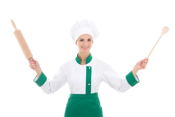 Happy woman in chef uniform with wooden baking rolling pin and s — Stock Photo, Image