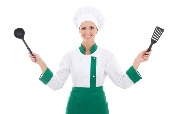 Mujer feliz en chef uniforme con herramientas de cocina aislados en blanco —  Fotos de Stock