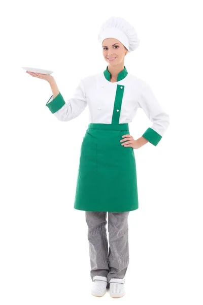 Young attractive woman in chef uniform with empty plate - full l — Stock Photo, Image