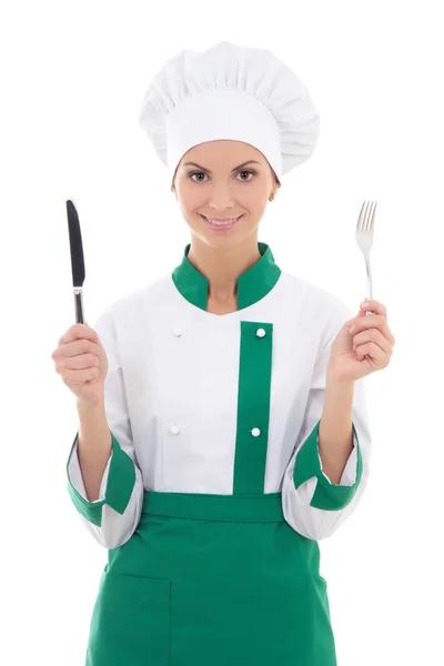 Chef mujer en uniforme con tenedor y cuchillo aislado en blanco —  Fotos de Stock