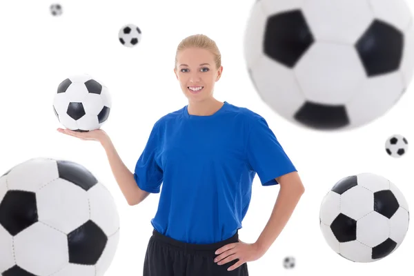 Weibliche Fußballspieler auf weißem Hintergrund mit fliegenden Leder b — Stockfoto