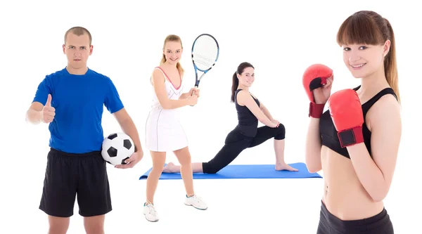 Sport koncept - sportovní lidé s vybavením izolované na bílém — Stock fotografie