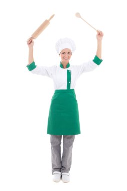 mutlu kadın ahşap fırın oklava ve s ile üniforma şef