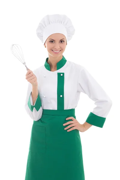 Happy woman in chef uniform with corolla isolated on white — Stock Photo, Image