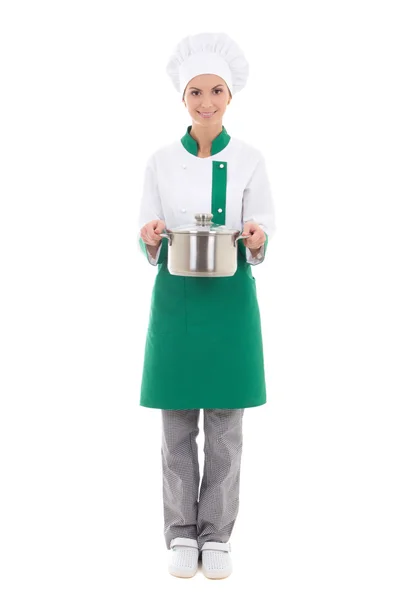 Young woman in chef uniform holding saucepan - full length isola — Stock Photo, Image