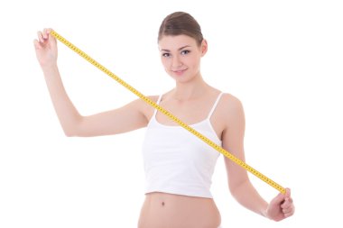 diyet kavramı - gülümseyen kadın güzel vücut ölçü holding