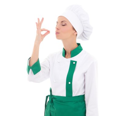 mutlu genç kadın Şef beyaz bitti izole lezzetli ok işaret gösteren