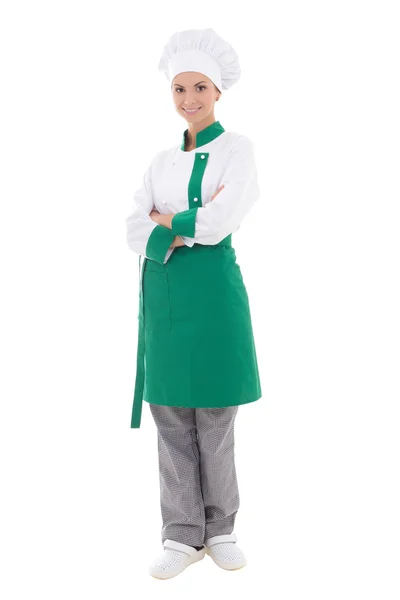 Молода щаслива шеф-кухарка в уніформі повна довжина ізольована на білому — стокове фото