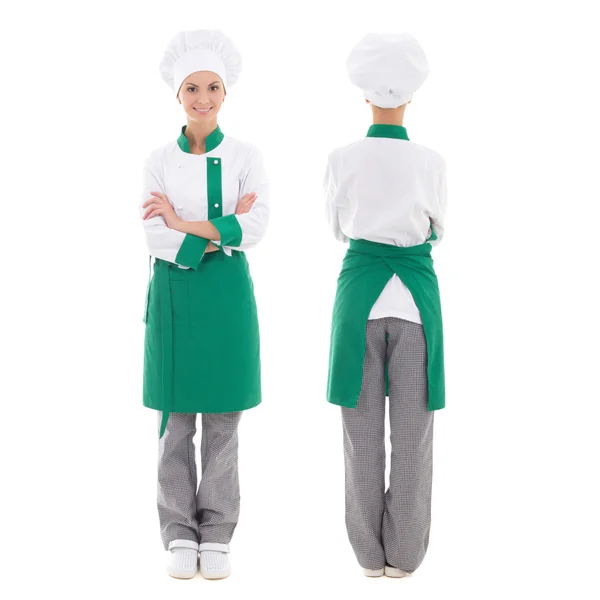 Back and front view of happy chef woman in uniform - full length — Stock Photo, Image