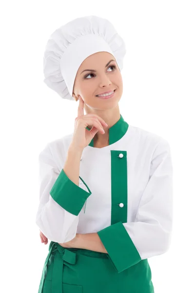 Young attractive chef woman dreaming or thinking about something — Stock Photo, Image