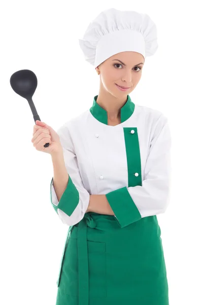 Chef de mulher jovem e atraente com colher de plástico grande isolado na w — Fotografia de Stock