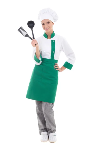 Happy woman in chef uniform with kitchen tools - full length iso — Stock Photo, Image