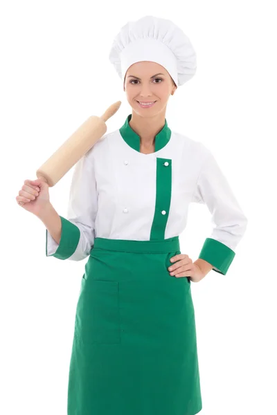 Portret van vrouw in chef-kok uniform met houten bakken deegroller — Stockfoto