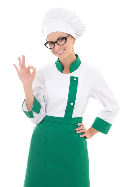 Young beautiful woman chef showing ok sign isolated on white — Stock Photo, Image