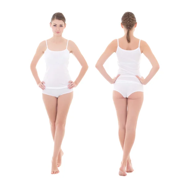 Främre och bakre syn på ung smal kvinna i bomull underkläder isol — Stockfoto