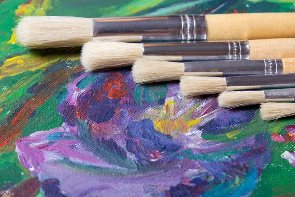 Close up of acrylic paint and paint brushes set — Stock Photo, Image