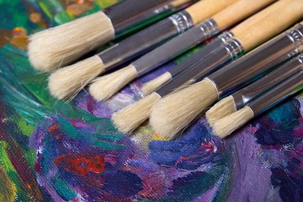 Acrylic paint and paint brushes set — Stock Photo, Image