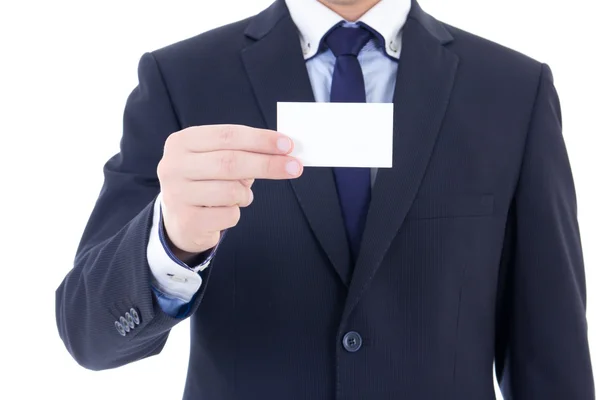 Business card in male hand isolated on white — Stock Photo, Image