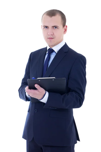 Young businessman in suit holding clipboard isolated on white — Stock Photo, Image