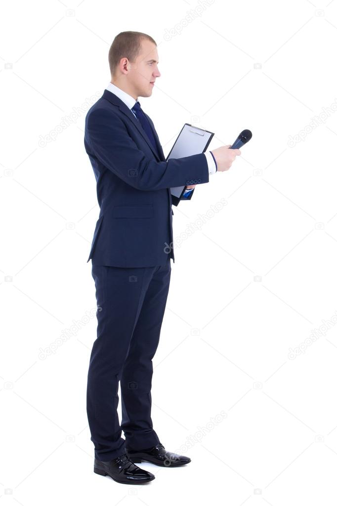 male reporter with microphone and clipboard isolated on white