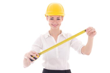 Sarı Oluşturucusu kask measurin içinde mutlu iş kadın mimar