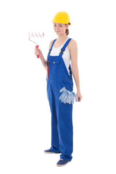 Vrouw schilder in blauwe overall geïsoleerd op wit — Stockfoto