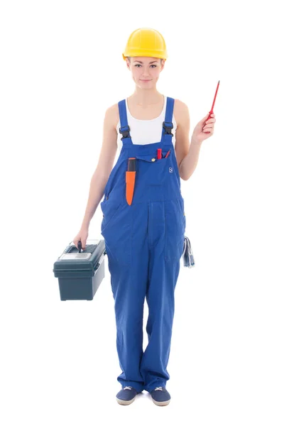 Constructor de mujer joven en ropa de trabajo con la caja de herramientas y destornillador iso —  Fotos de Stock