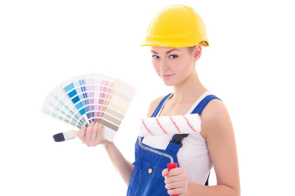 Young beautiful woman painter in workwear with paintbrush and co — Stock Photo, Image