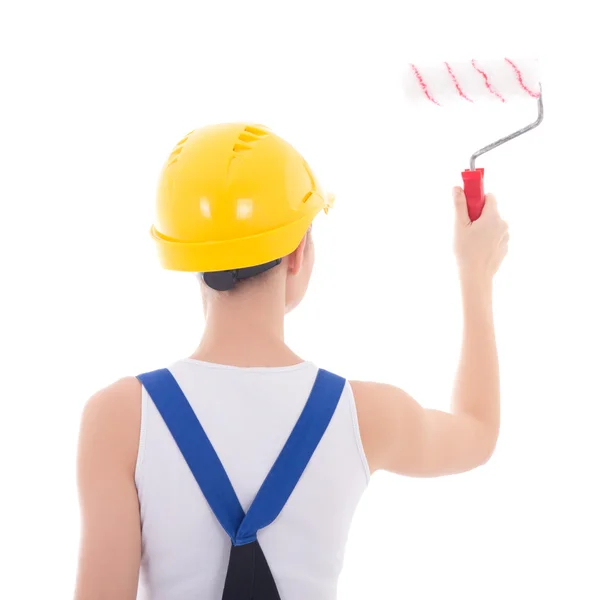 Back view of young woman painter in workwear with paintbrush iso — Stock Photo, Image