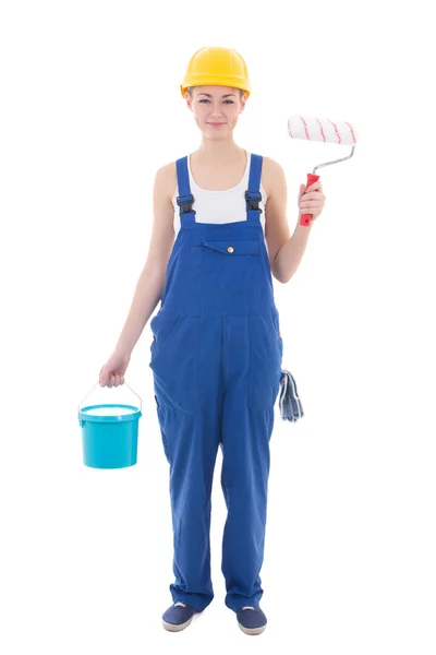 Fiatal nő festő, építő eszközök isola kék kezeslábas — Stock Fotó