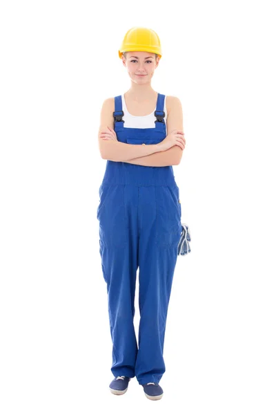 Vrouw bouwer in blauwe overall geïsoleerd op wit — Stockfoto