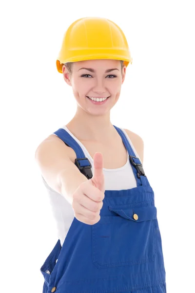Constructor de mujer feliz en guardapolvos azul pulgar arriba aislados en Pentecostés —  Fotos de Stock