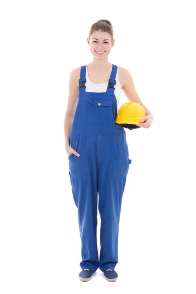 Portrait of young attractive woman builder in blue workwear  iso — Stock Photo, Image