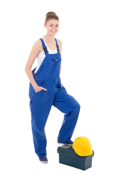 Πορτρέτο του ελκυστική κοπέλα οικοδόμος στο μπλε ρουχισμός εργασίας με — Φωτογραφία Αρχείου