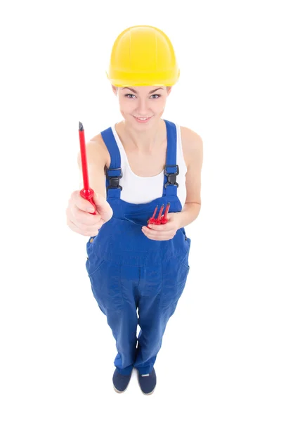 Funny young attractive woman builder in workwear with screwdrive — Stock Photo, Image